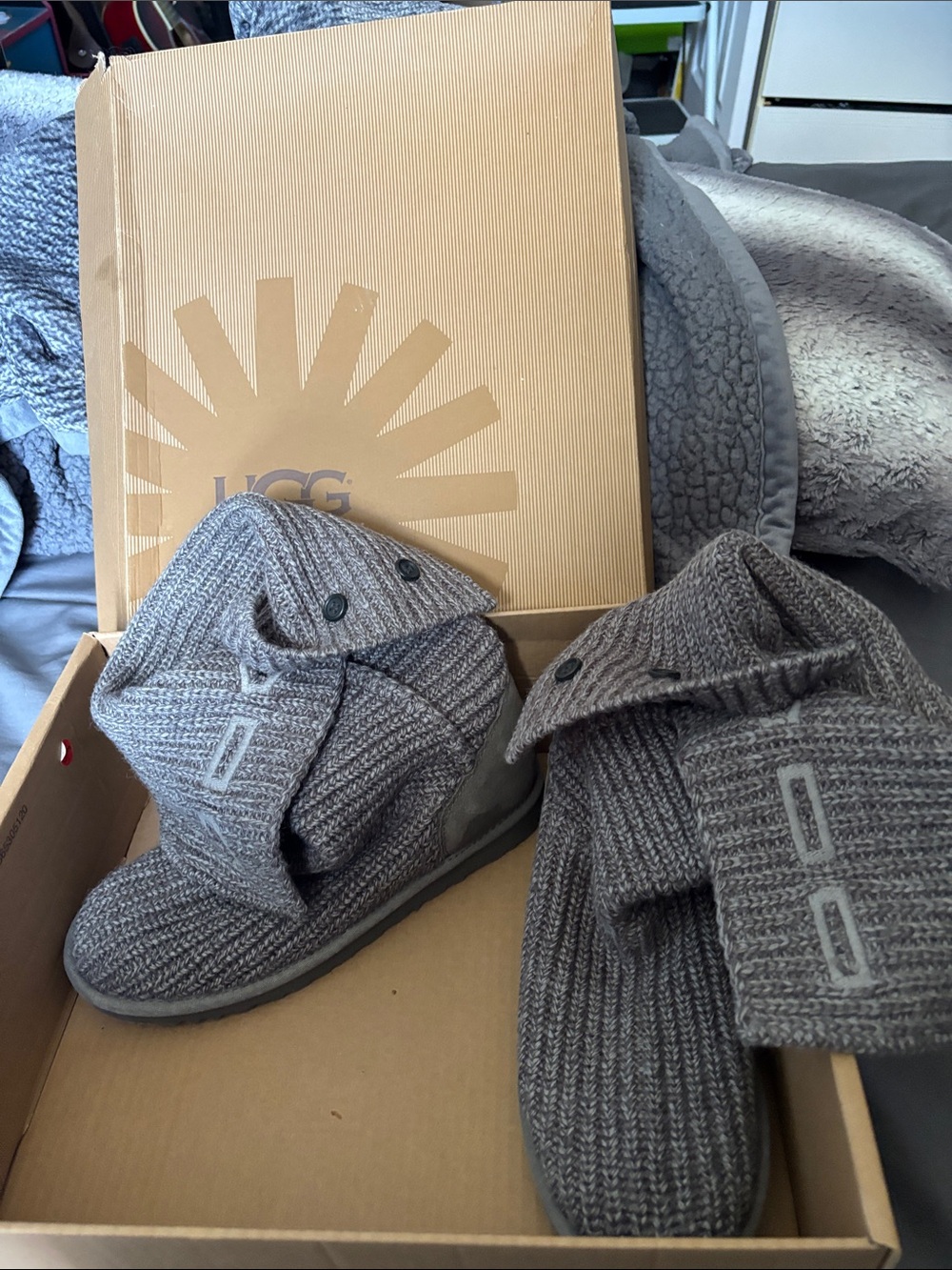 UGG GREY Knit Fold-Over Slipper Boots